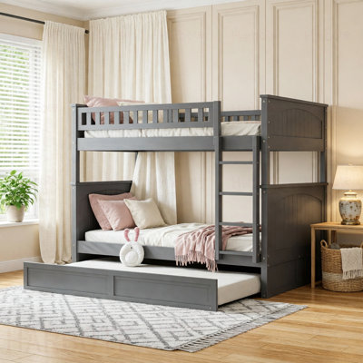 Lit superposé double au-dessus de double avec lit gigogne simple, lit superposé en bois de pin avec garde-corps
