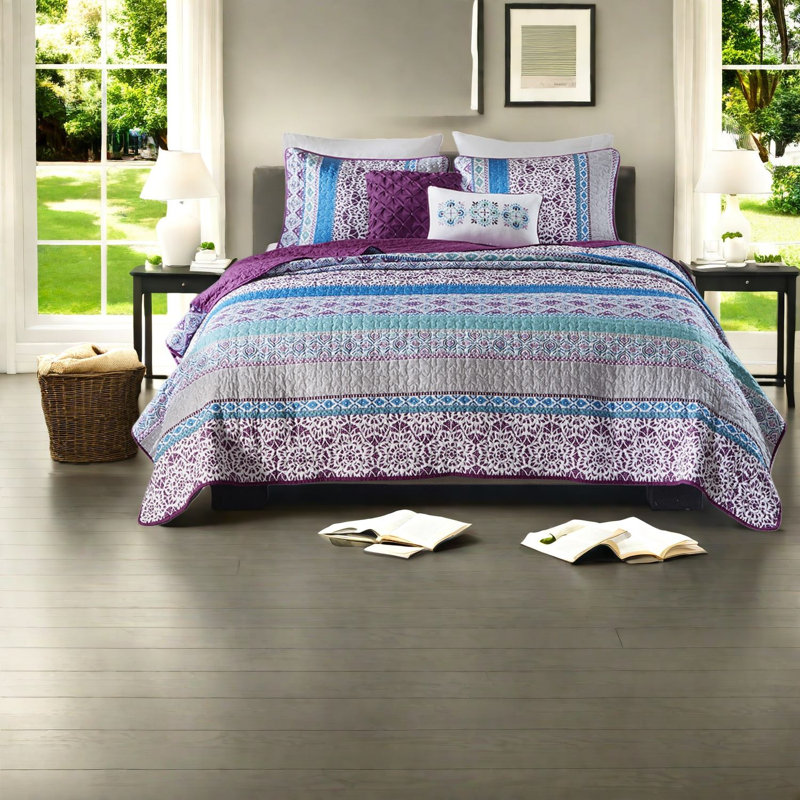Ensembles de literie confortables en coton, courtepointe réversible mauve, style chambre à coucher bohème
