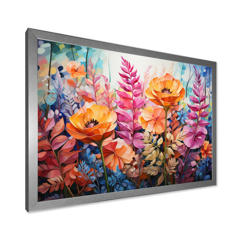 Collage de fougères multicolores - impression, H 16 po x l 32 po x P 1 po, Cadre simple argenté