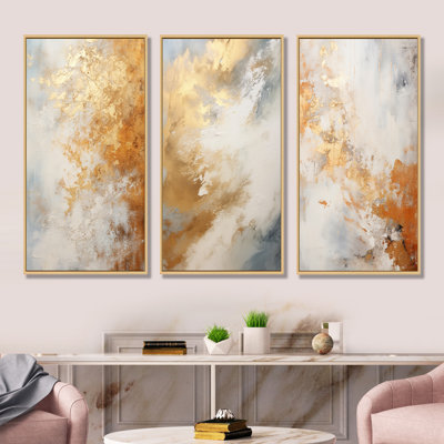 Beige And Gold Snow Blooming - Abstract Shapes Canvas Prints Set Of 3