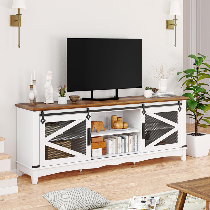 Meuble télé 75 po avec rangement - Meuble télé avec 2 portes de grange coulissantes et 2 tablettes ouvertes, console multimédia 28 po