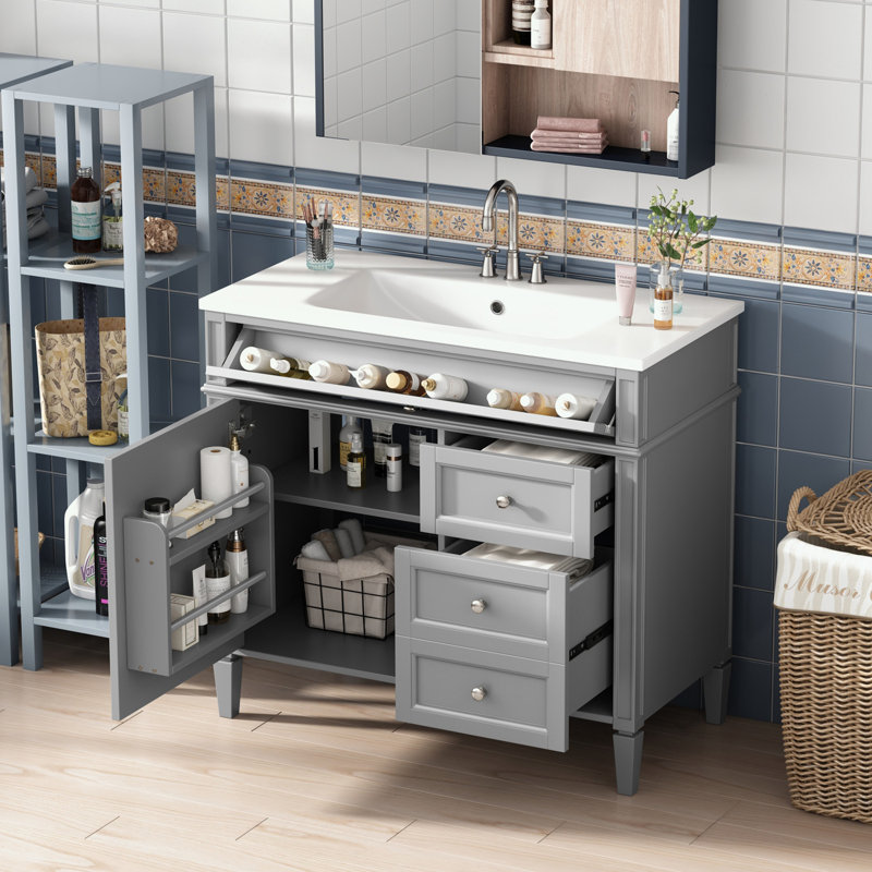 Meuble-lavabo de salle de bain avec lavabo supérieur, 2 tiroirs et un tiroir basculant, Gris