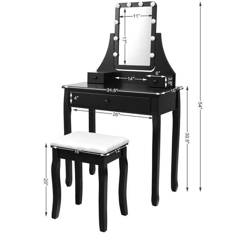 Ensemble de coiffeuse en bois massif avec tabouret et miroir Wegate, Noir