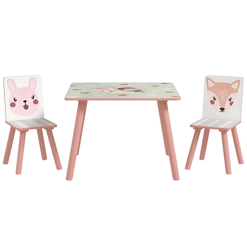 Wooden Children Table And Two Chairs Set Cute Rabbit Fox Animal Pattern Toddler Activity Desk Furniture For Playroom Bedroom Nursery Suitable For Boys Girls Ages Three To Eight Years Old Pink Finish