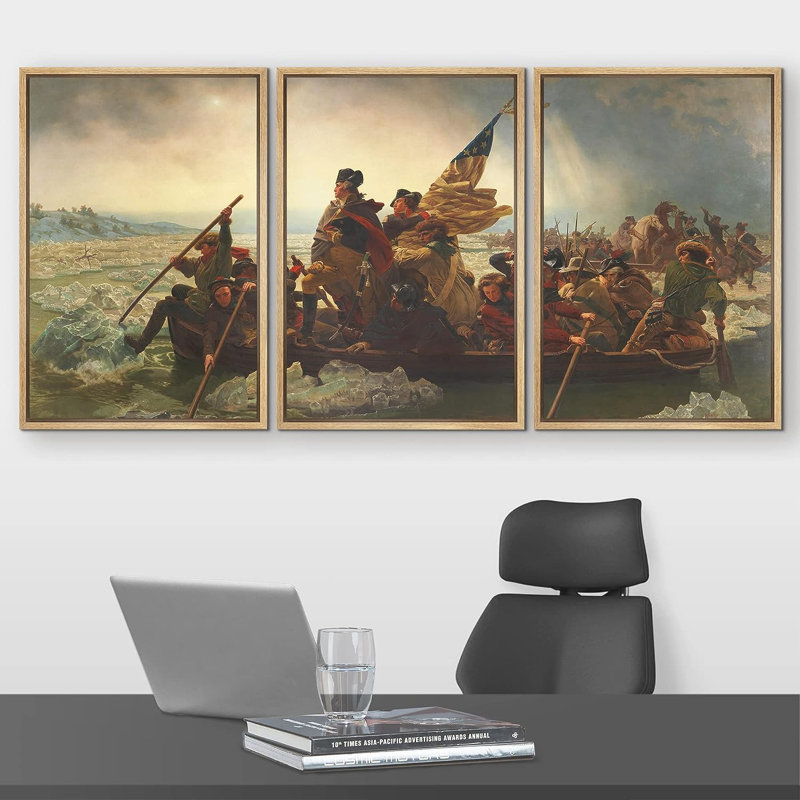 Washington Crossing The Delaware 3 pièces par Emanuel Leutze, H 36 po x l 24 po x P 1,5 po, Plastique naturel encadré