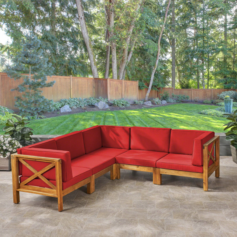 Luthersville Acacia 5 - Person Modular Patio Conversation Set with Cushions, Teak Frame / Red Cushion