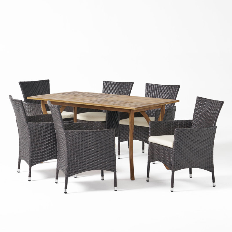 Ensemble repas 7 pièces avec coussins en bois d'acacia / osier Benambra