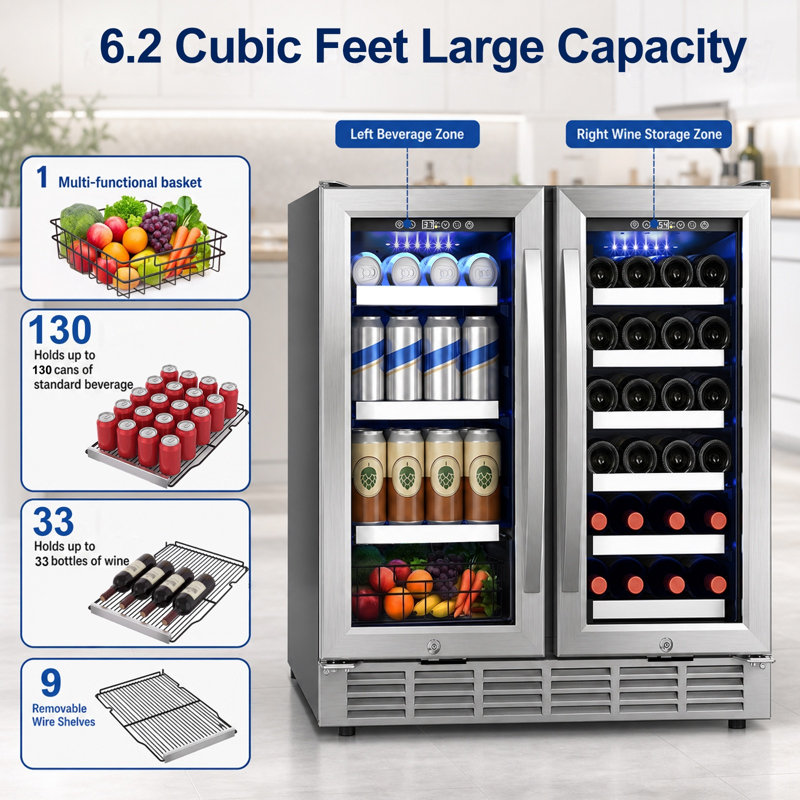 30" Wine and Beverage Refrigerator 33 Bottle & 130 Cans Built-in Wine Cooler with Four Handle Dual Zone
