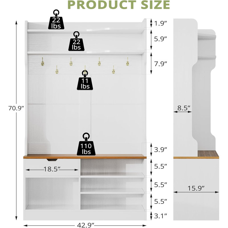 71" Hall Tree With Bench And Shoe Storage, Farmhouse Coat Rack With Hooks, White/Brown 