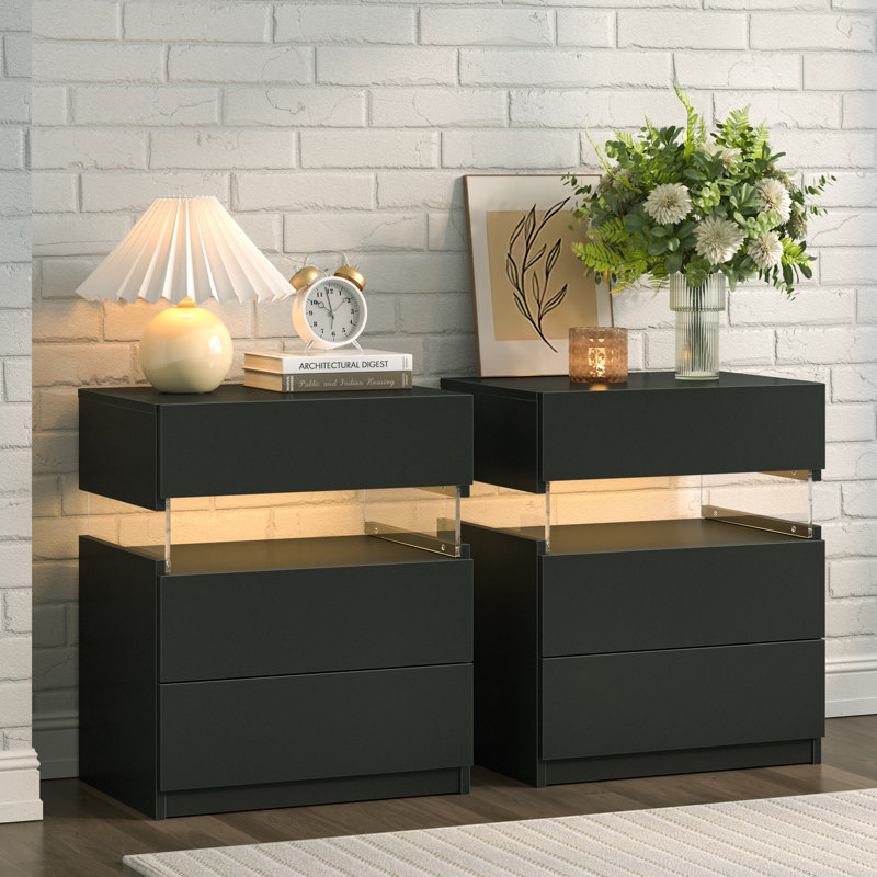 Nightstands set of 2 LED Night Stand, Black