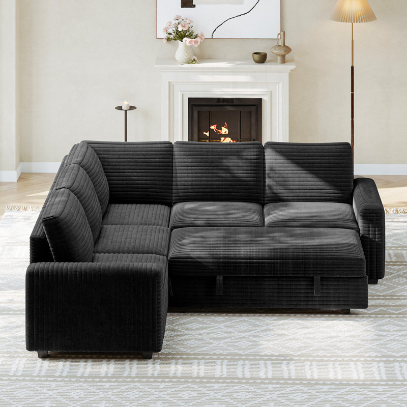 88 "corduroy L-shaped Sofa With Storage Can Be Converted Into A Sofa Bed, Black Corduroy
