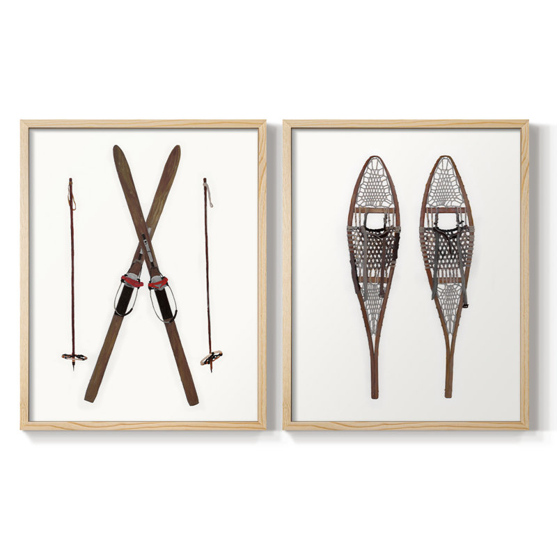 Skis rétro - reproduction encadrée de qualité supérieure - prêt à être accroché - aucun clou requis - aucun clou requis