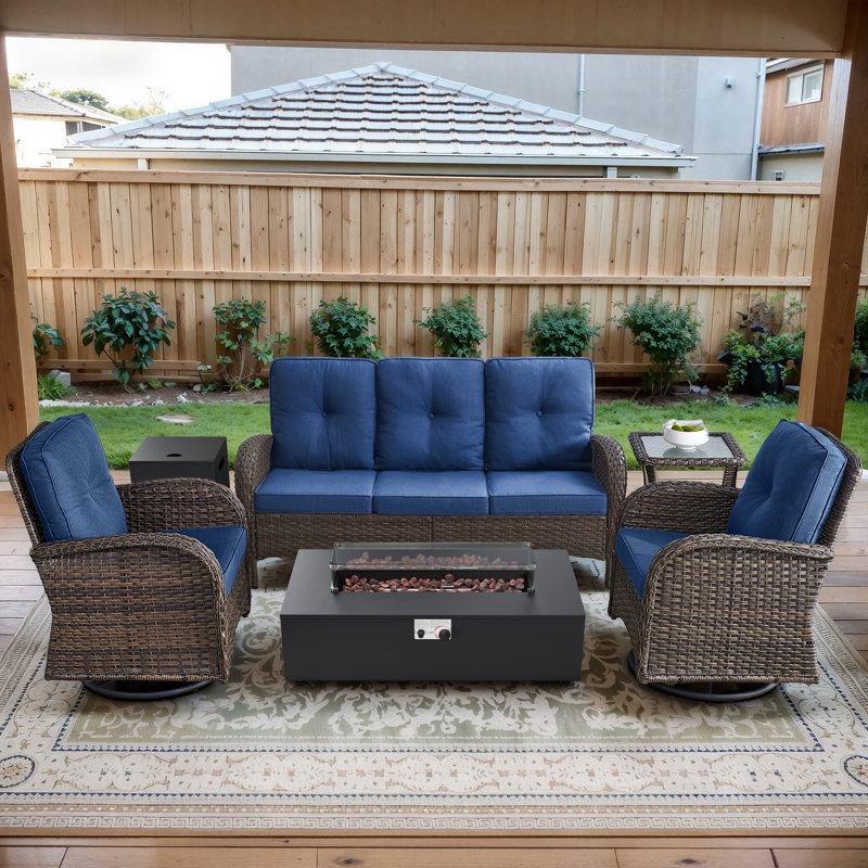 Esquer 5-Pieces Outdoor Wicker Patio Conversation Furniture Set With Rocking & Swivel Chairs And Rectangular Fire Pit Table