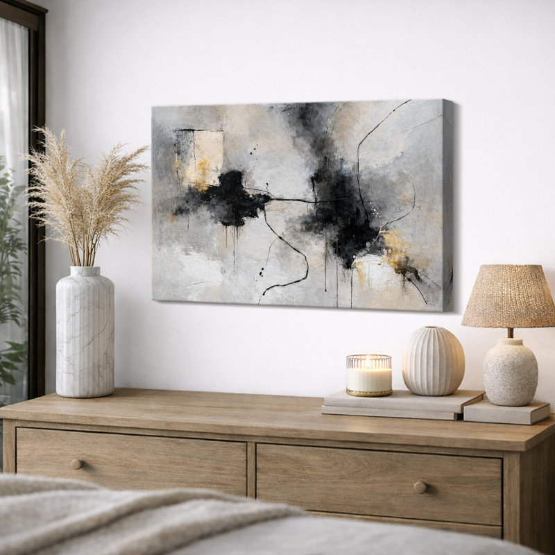 Abstrait, encre beige noire, art moderne, impression sur estampe numérique sur toile encadrée, H 16 po x l 24 po x P 1,5 po