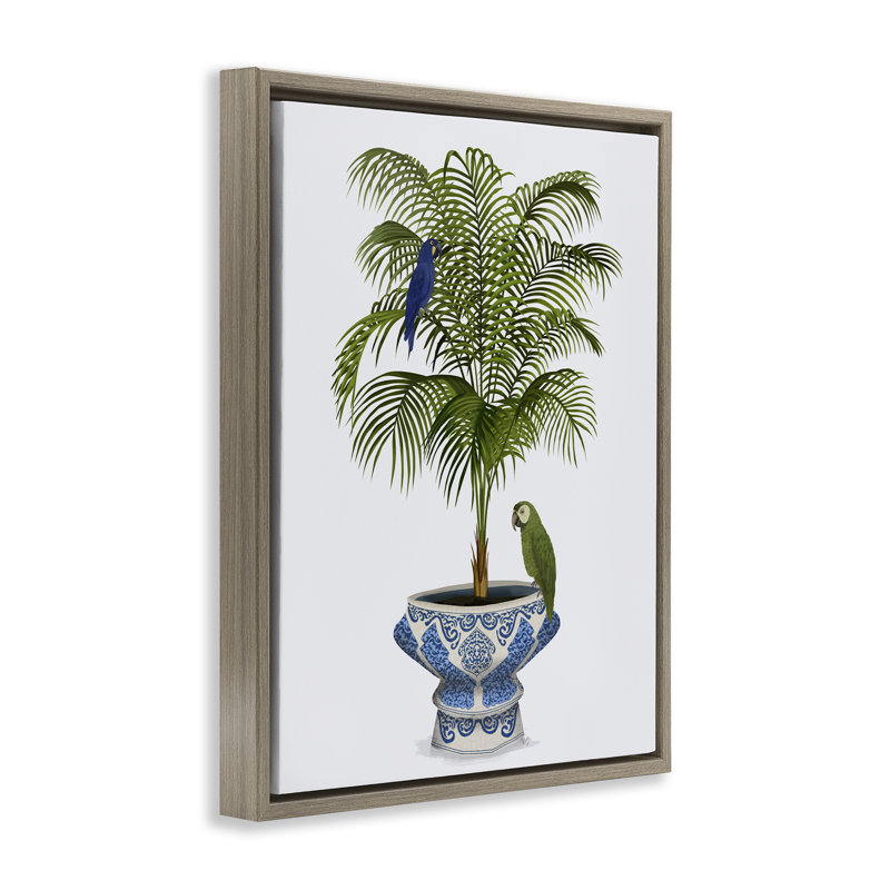 "Parrots on Ornate Planter", art mural sur toile flottante par Fab Funky, H 31 po x l 25 po, Cadre flottant orme Montalcino