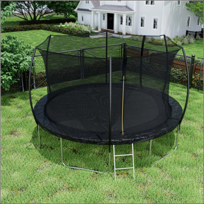 Trampoline de 14 pi (coussin de couleur double face), trampoline pour enfants et adultes avec filet et échelle, poteau de clôture incurvé