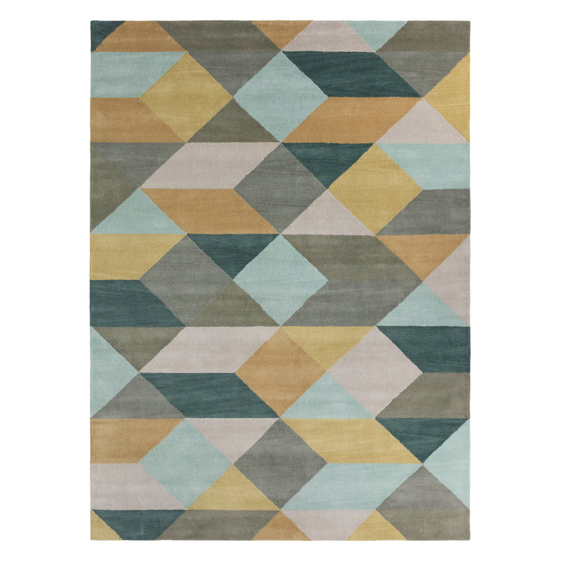 Tapis jaune / gris / orange en laine touffeté à la main, Rectangle de 5 pi x 8 pi