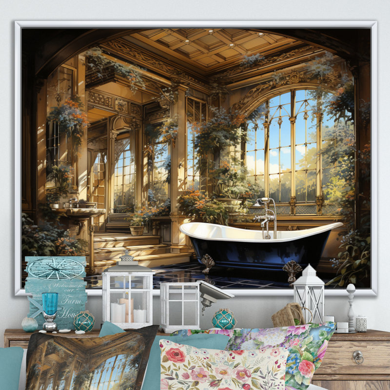 Salle de bain Golden Luxe II - Art mural de salle de bain, Cadre flottant blanc, H 34 po x l 44 po x P 1,5 po