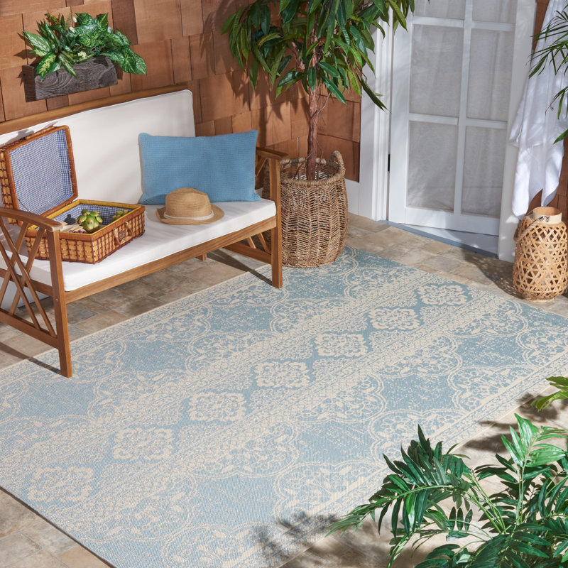 Danya Cream/Aqua Indoor/Outdoor Area Rug, Rectangle 8' x 10'