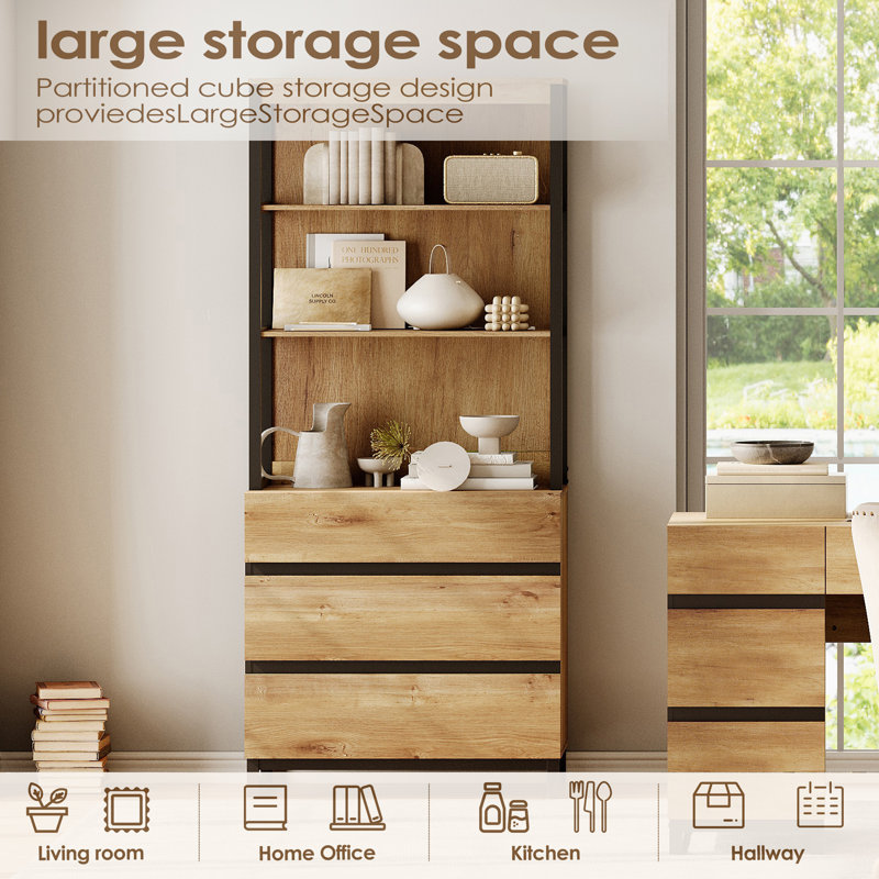 Aadam Modern 72" Tall Bookcase With 3 Drawers And Open Book Shelfs, Library Book Shelf With Storage Cabinet, Wood Freestanding Bookshelf