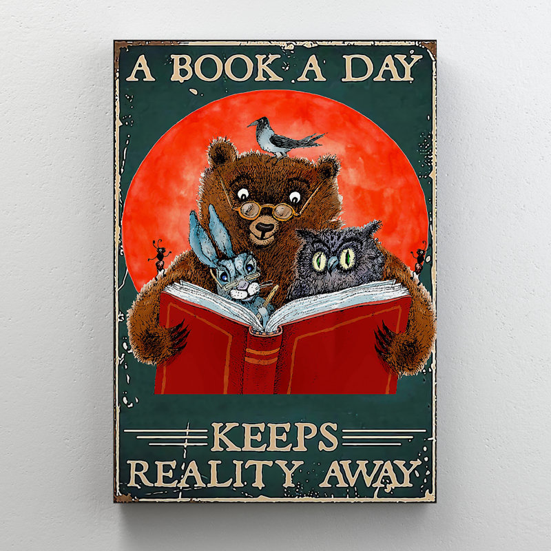 Animaux lisant ensemble - A Book A Day Keeps Reality Away - Reproduction d'art graphique rectangulaire sur toile tendue 1 pièce