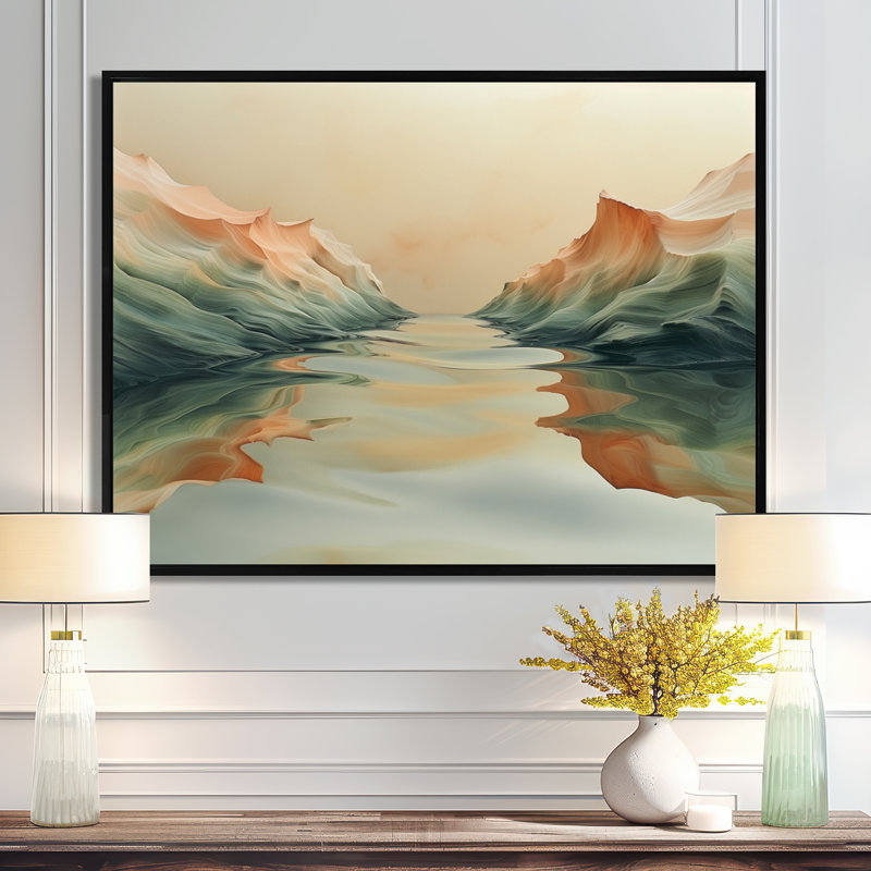 Green Beige Magical Sunset Dunes II - Desert Wall Art Print, Cadre flottant noir, H 30 po x l 40 po x P 1,5 po