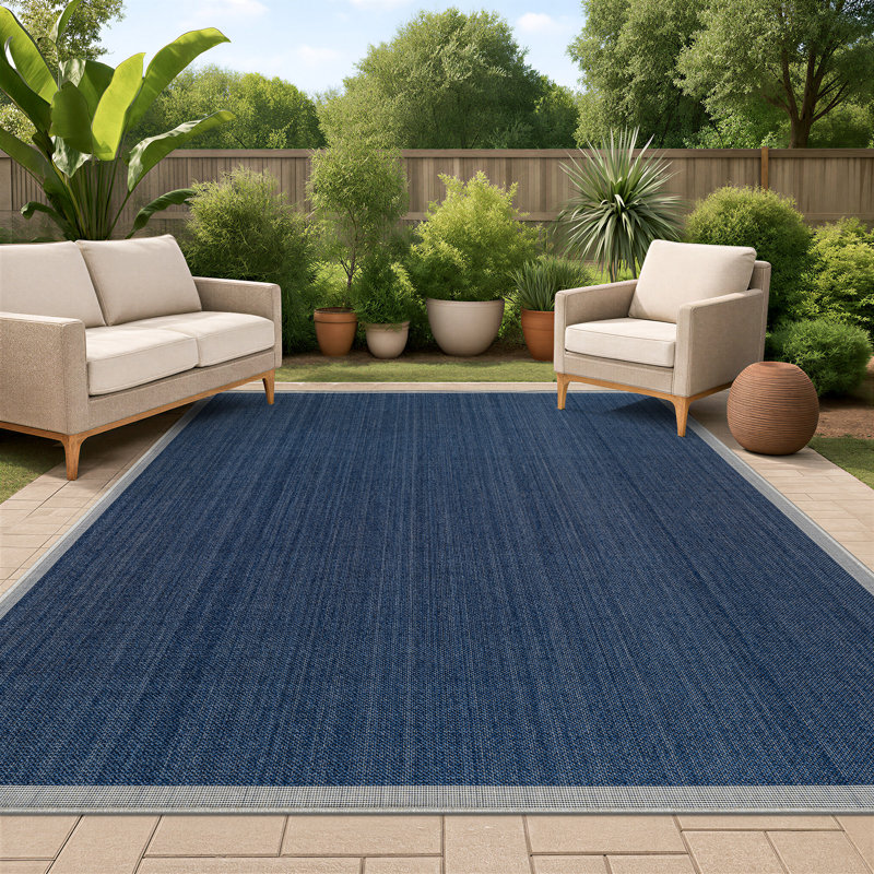 Tapis intérieur / extérieur tissé à plat en jute bleu marine / ivoire Border, Marine, Rectangle 6 pi 7 po x 9 pi