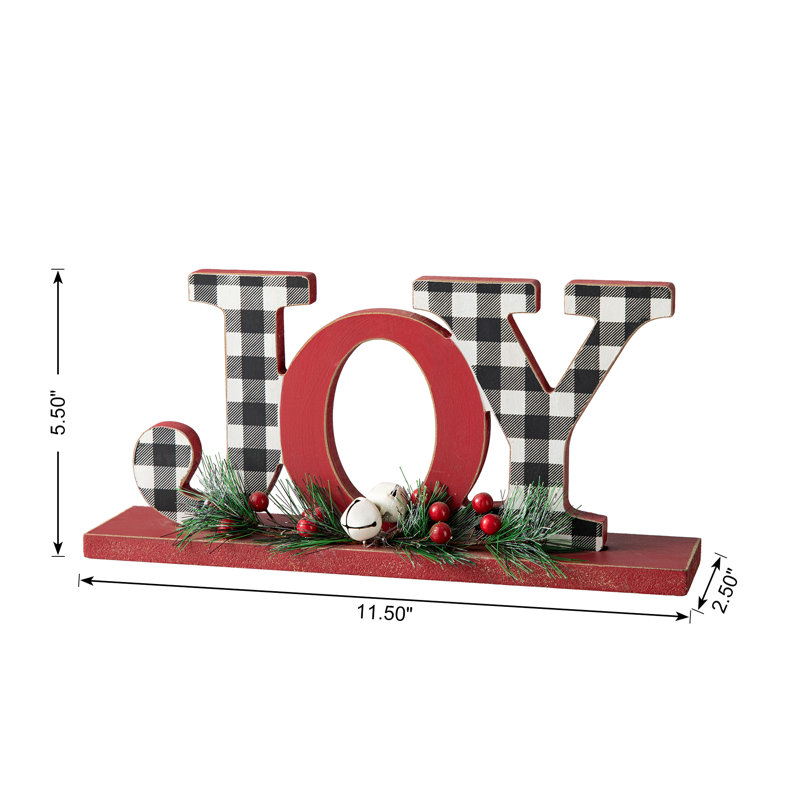 11.5"L Christmas Wooden Plaid JOY Table Decor