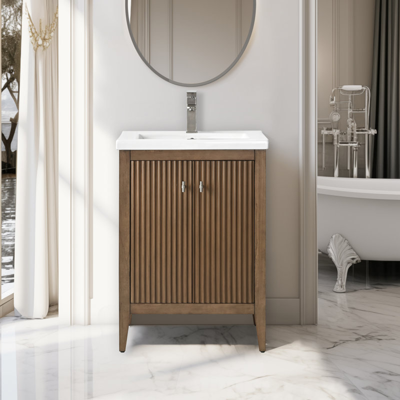 Ensemble de meuble-lavabo sur pied lavabo simple 24 po avec plateau en céramique blanche, Noyer linéaire, Nickel brossé, 24"