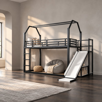 Lit mezzanine double avec toit en forme de cabane, glissade, lumières DEL, garde-robe et rangements pour chambre d'enfant