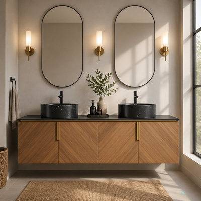 Meuble-lavabo mural 60 po avec 4 portes et 2 lavabos ronds en céramique avec comptoir en pierre frittée