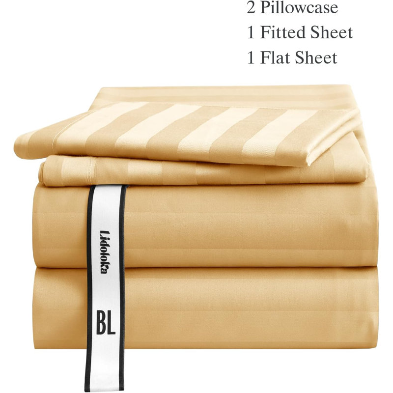 Cooling Silky Striped Sheet Set With Corner Straps, 100% Rayon from Bamboo Bed Sheets, King, Light Gold