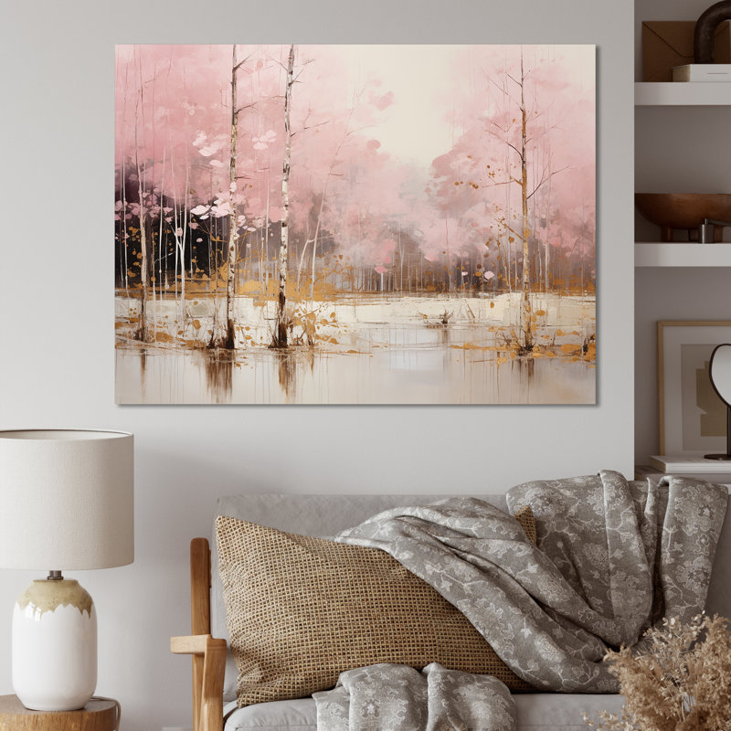«Minimalisme rose et forêt dorée I», art sur toile, H 30 po x l 40 po x P 1,5 po, Toile tendue