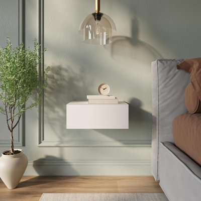 Floating White Modern Nightstand With Storage Drawer, Mini...