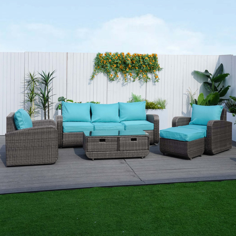 Wicker 5 - Person Patio Conversation Set with Cushions, Teal, Gray