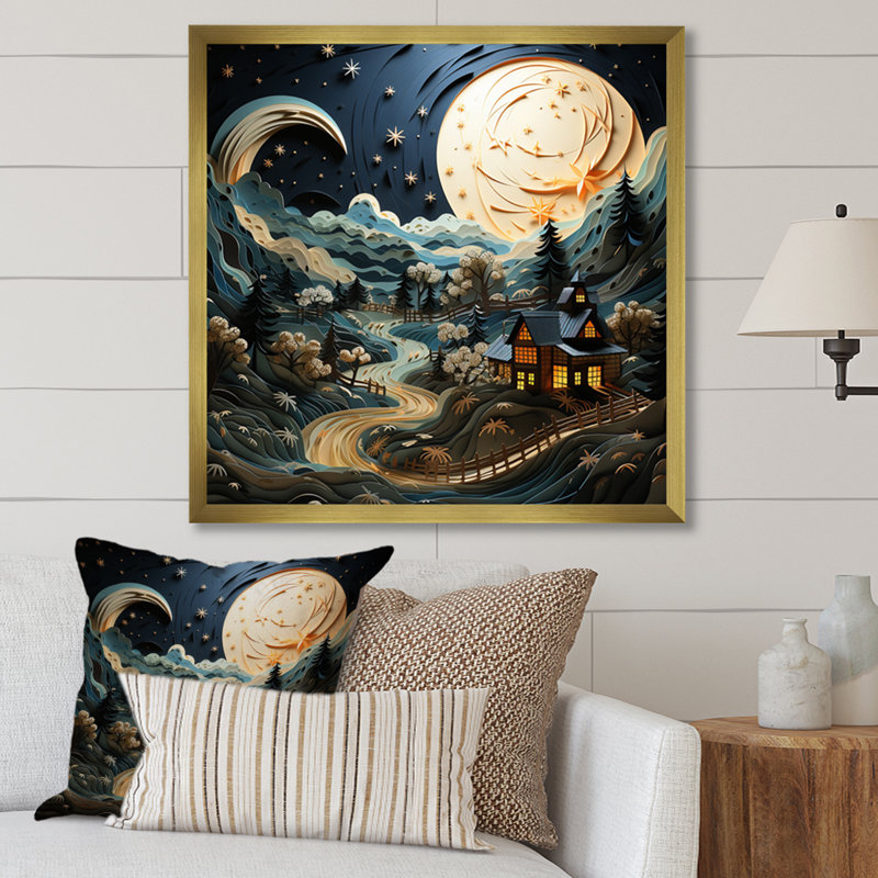 Paysage avec grange au clair de lune - impression, H 16 po x l 16 po x P 1 po, Cadre doré à une seule photo