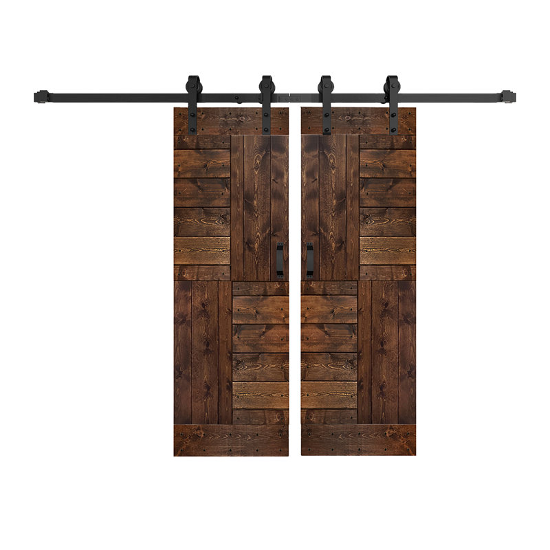 Porte de grange coulissante double en bois massif avec trousse de quincaillerie brevetée S Series - assemblage requis