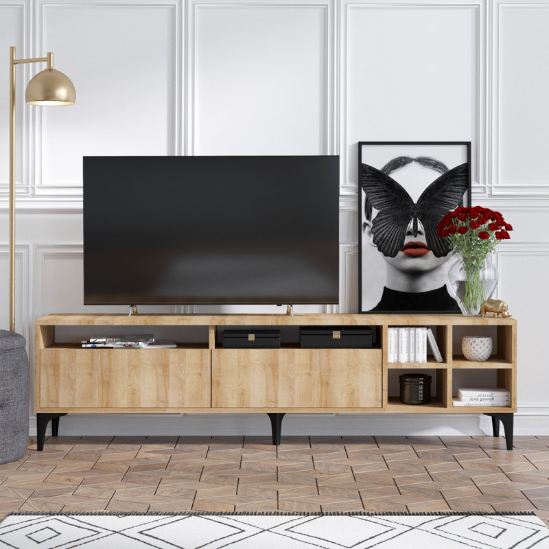 Meuble télé moderne en chêne avec option de fixation murale, 70,9 po x 20,5 po x 13,8 po | 100% panneau de particules enduit de mélamine, épaisseur: 0,7 pouce | Design scandinave élégant, nombreuses tablettes, pieds en plastique durable pour plus d