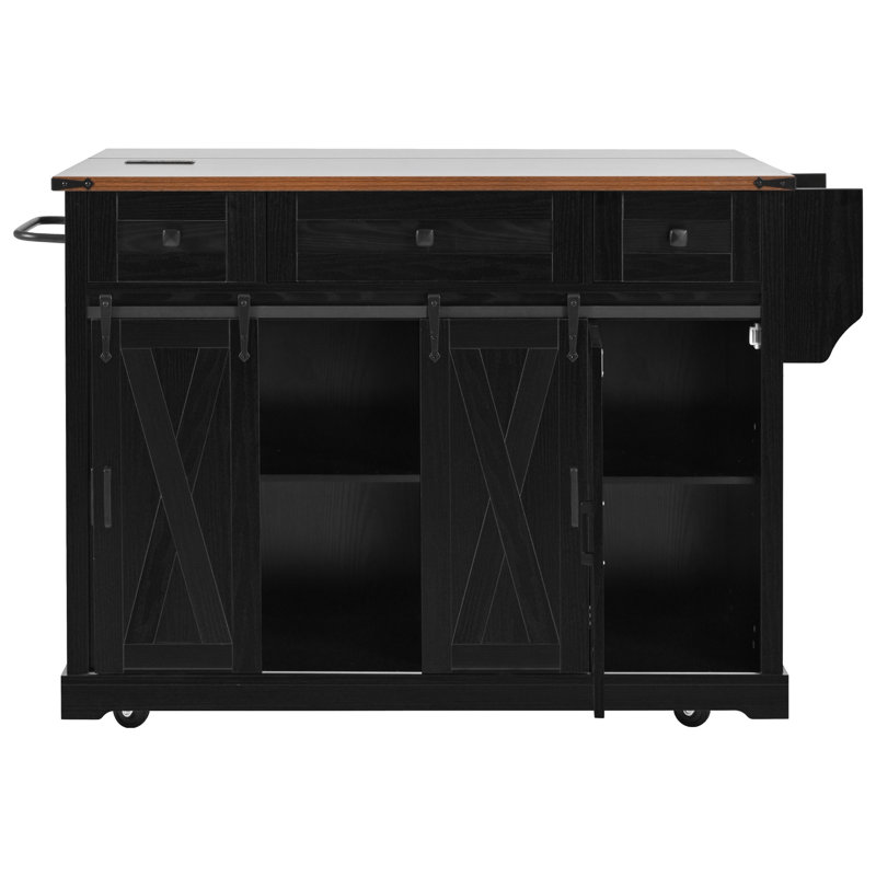 Farmhouse Kitchen Island with Storage, Sliding Barn Door & Metal Grid Side Door, Rolling Kitchen Island on 5 Wheels with Spice Rack, Glass Holders,Island Table with Drop Leaf for Kitchen