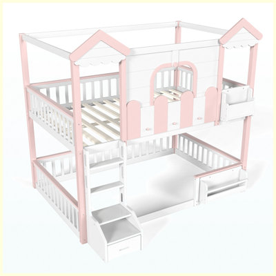 Full Over Full House Bunk Bed with Storage Bookshelf & Drawer, Solid Wood Playhouse Bunk Bed with Roof & Windows, Detachable Design, White & Pink