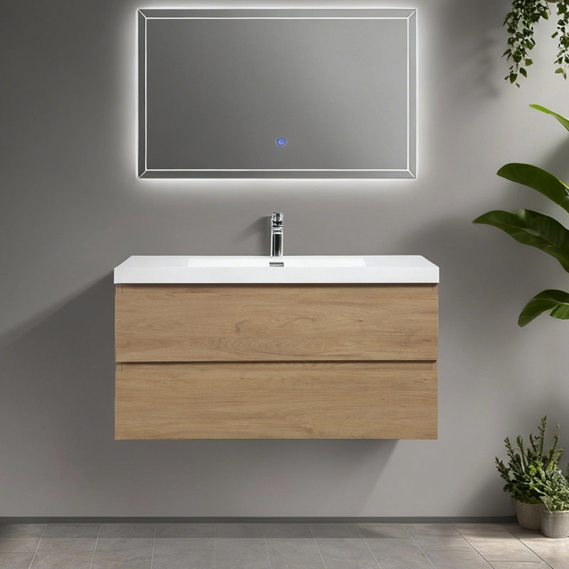 42 po Meuble-lavabo mural flottant en chêne naturel avec comptoir simple à surface solide blanc, Chêne naturel, 42", 1