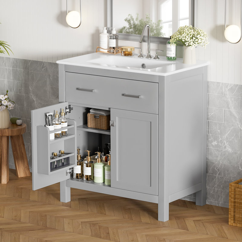 Meuble-lavabo de 30 po avec lavabo en céramique, meuble-lavabo simple gris moderne avec 2 portes et une tablette, Gris