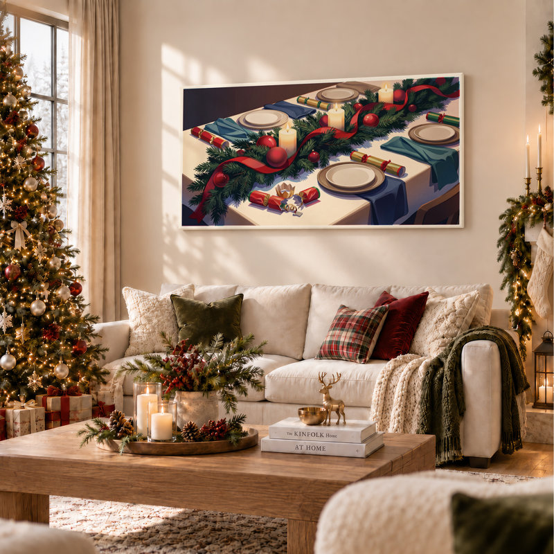 Décoration de table avec guirlande de pin avec ruban rouge et toile de Noël, 20"W x 10"H