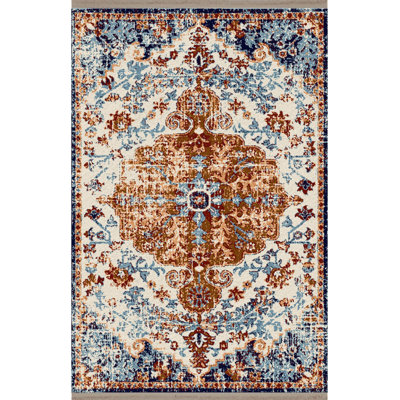 Blue Theme Traditional Motif Pattern Vintage Machine Washable Decorative Rug