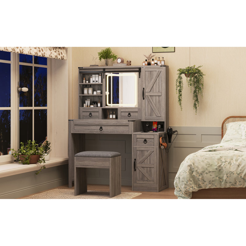 Elegant Farmhouse Makeup Vanities Vanity With Led Mirror, Wood, Storage And Charging Station For Bedroom