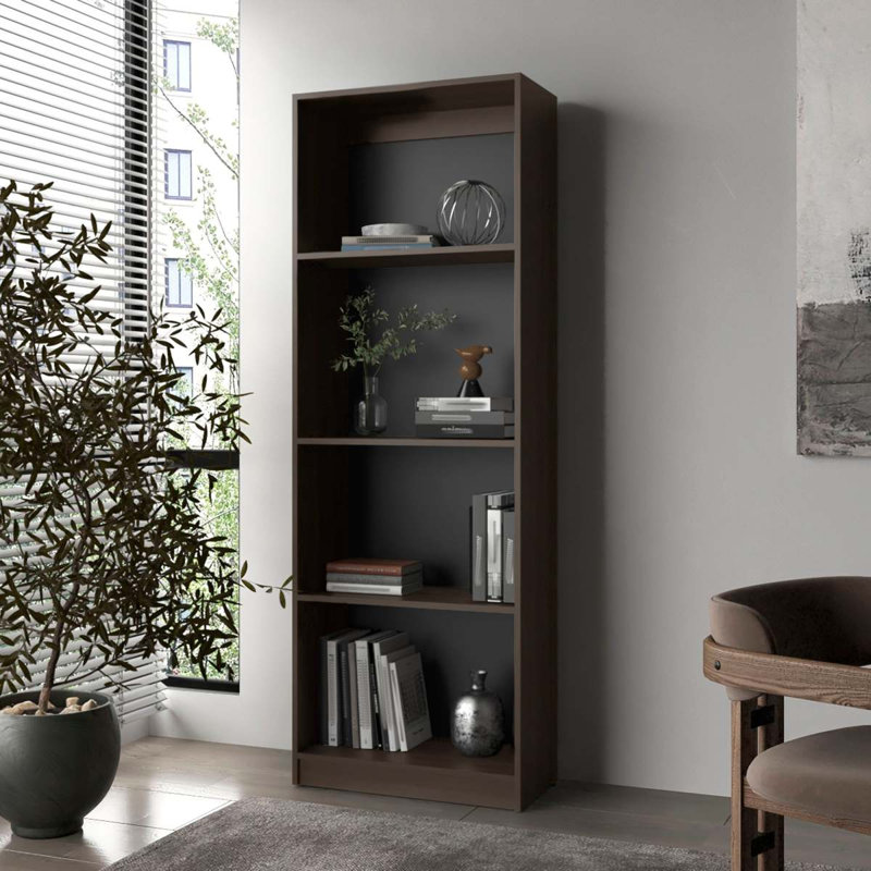 Bibliothèque en chêne naturel et blanc à 5 tablettes avec rangement ouvert, Noyer