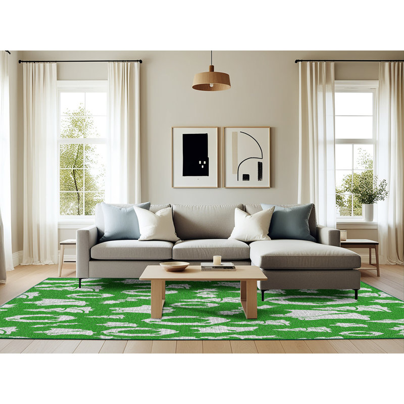 Vert/Tapis décoratif blanc, Rectangle 6 pi x 9 pi
