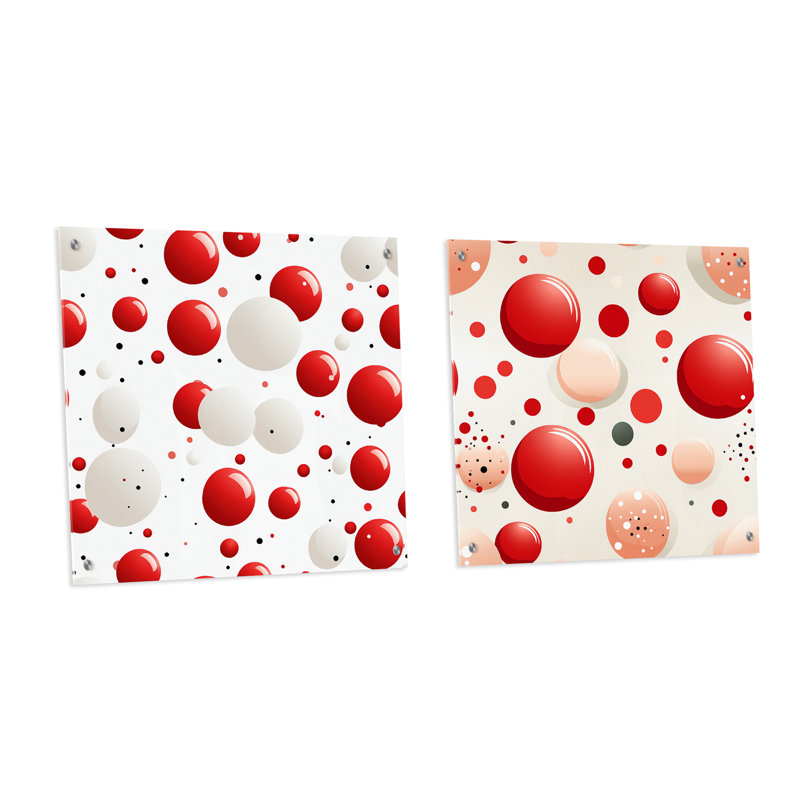 Pois rouges et blancs I - ensemble de 2 peintures murales abstraites en acrylique, H 16 po x l 33 po