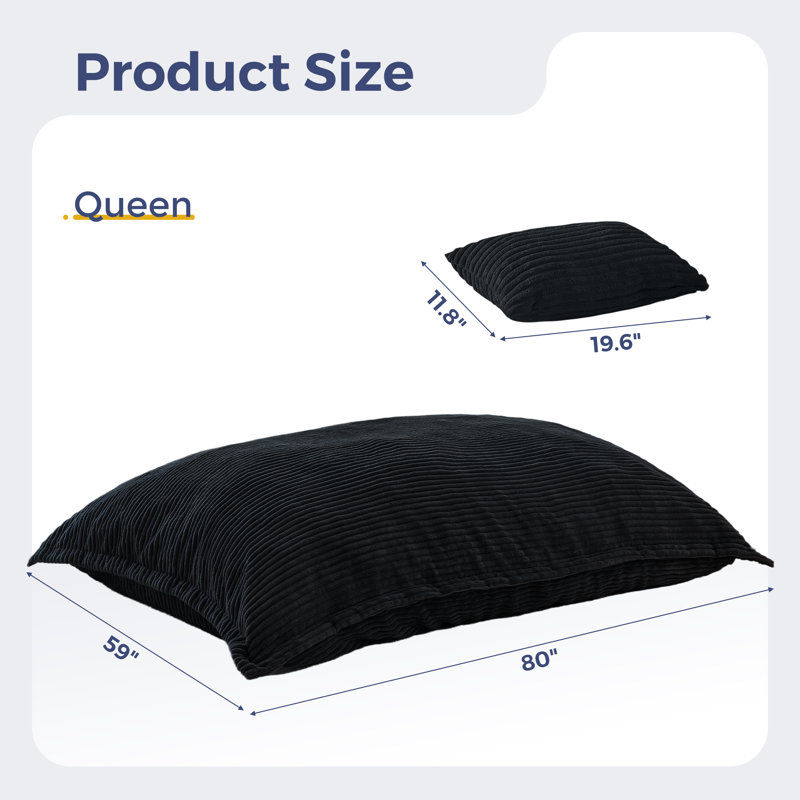 80" Black Giant 3 In 1 Convertible Bean Bag Chair With Pillow, Black Corduroy, 80"W x 59"D
