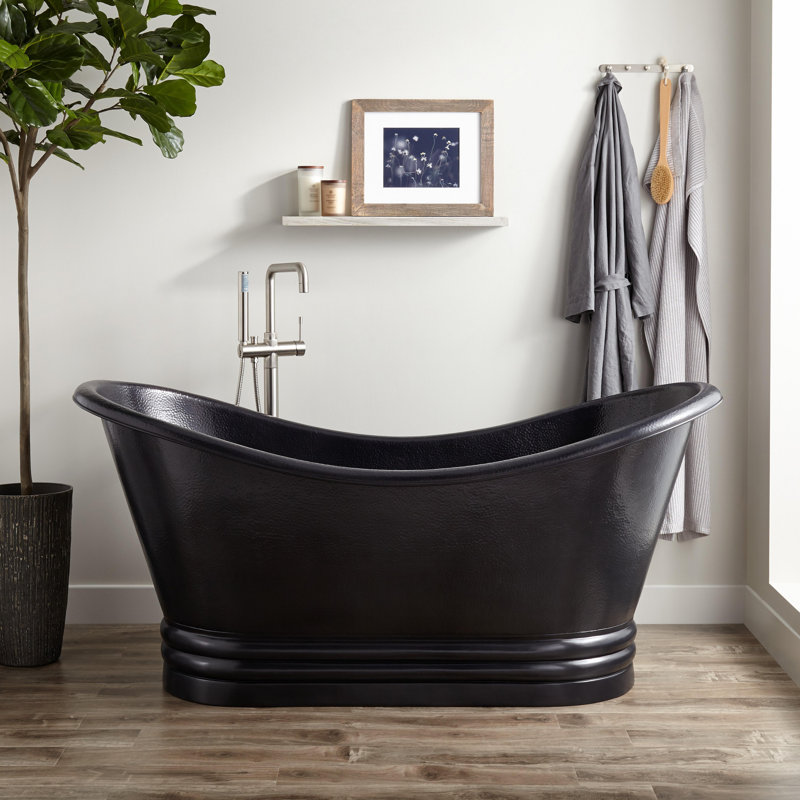 Raye 71" Copper Soaking Pedestal Freestanding Tub with Pre-Drilled Overflow Hole and Rolled Rim, Black